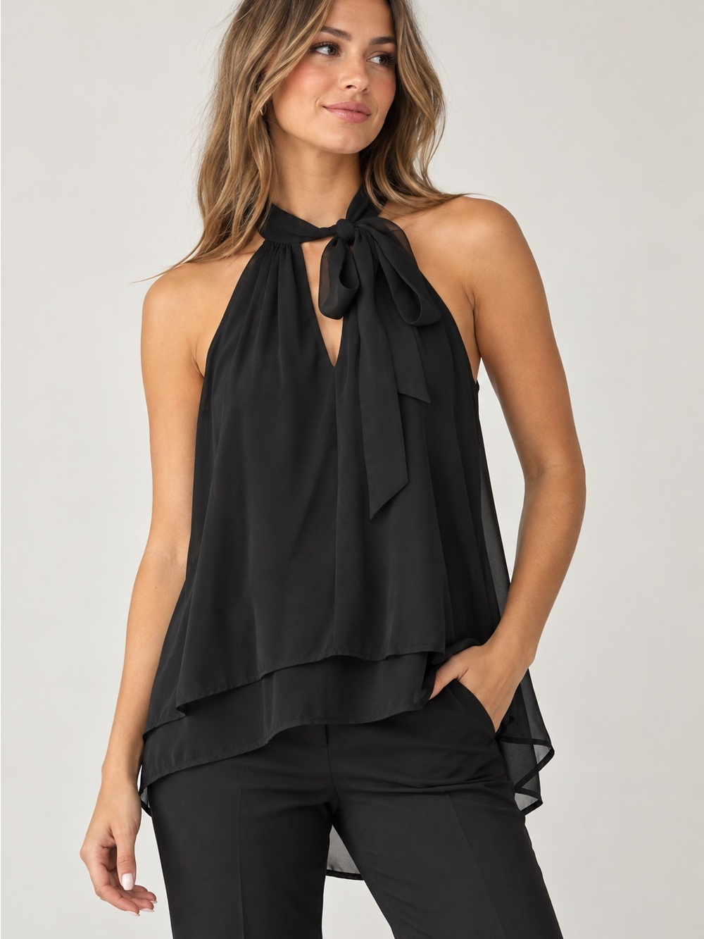 Banana Republic Black Chiffon Tie-Neck Halter Top